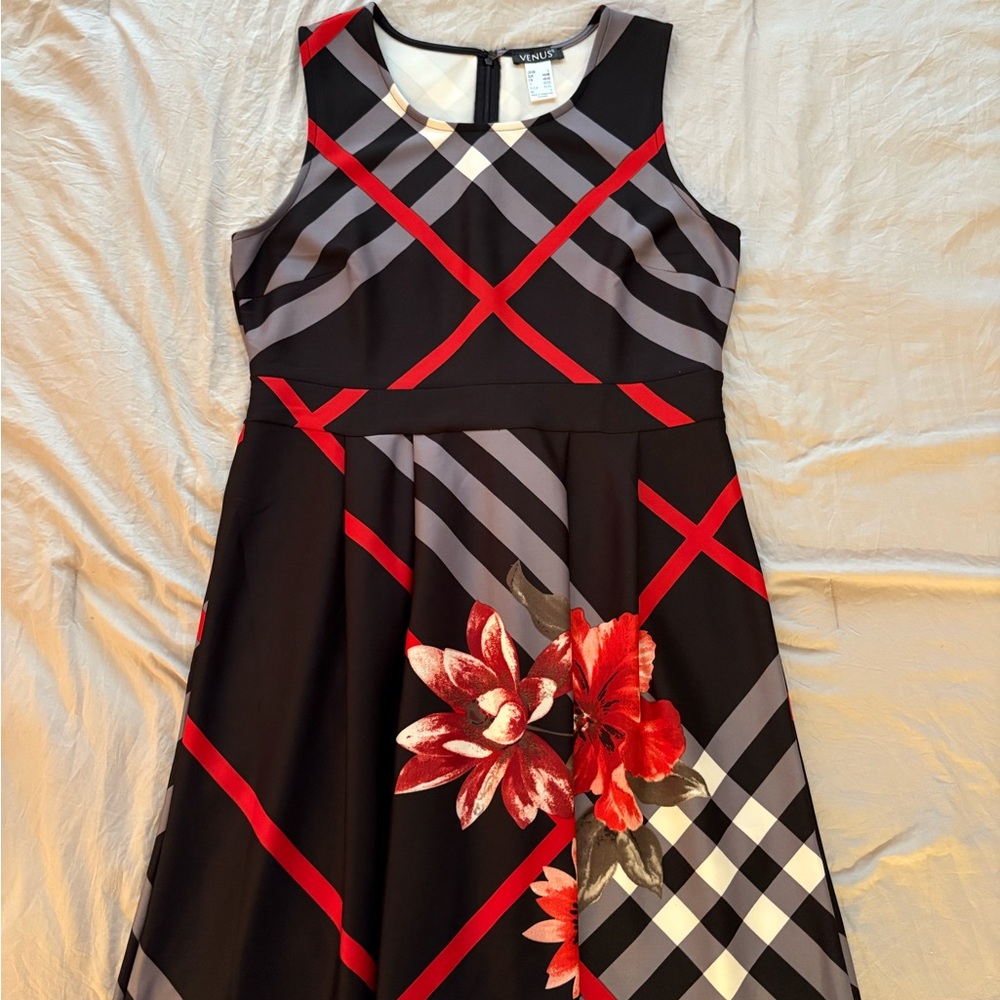 VENUS Womens Dress with Red and Black Plaid Design